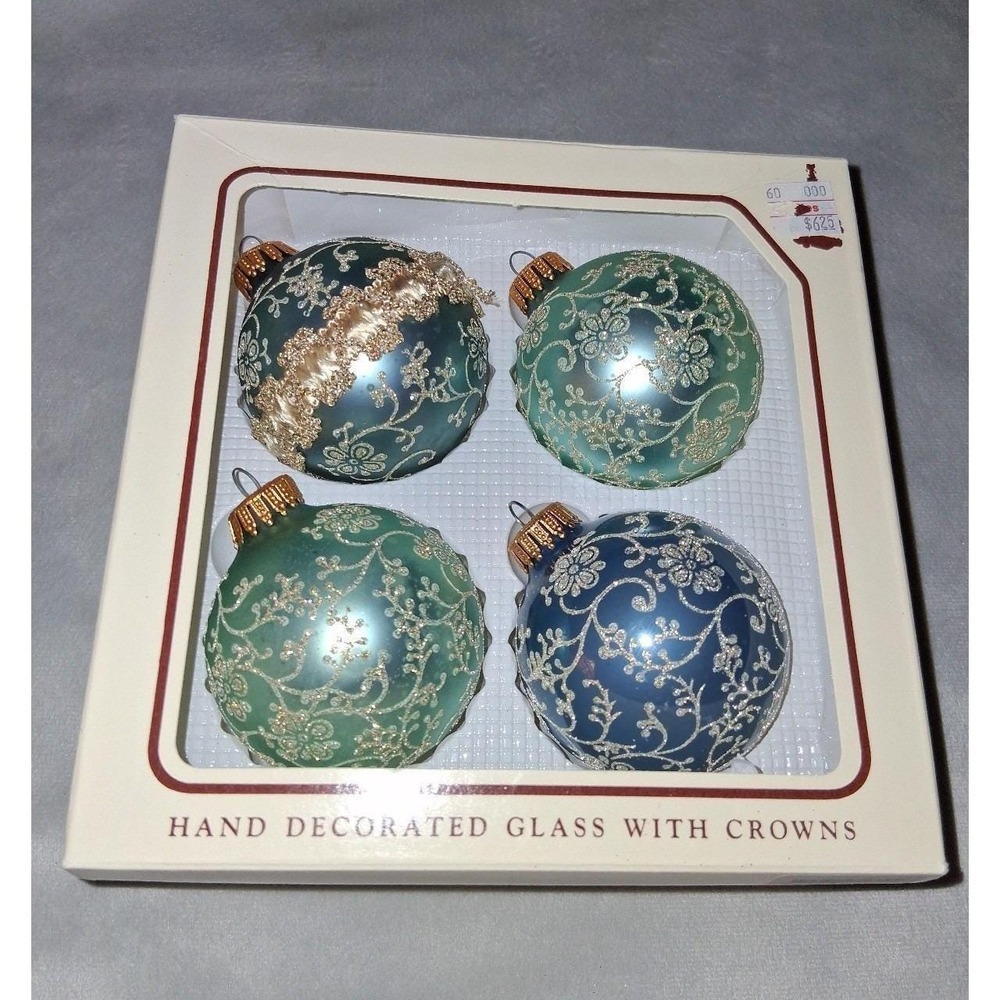 Vintage Christmas by Krebs Hand Decorated Glass Ornaments Set of 4 Teal Blue